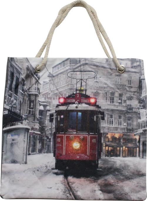 Bez Çanta Plaj Çantası Alışveriş Bez Torbası İpli Dijital Baskı Nostaljik Tramvay Krm55
