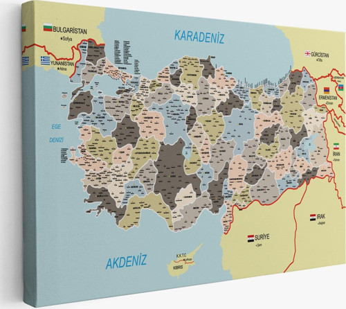 Türkiye Haritası Kanvas Tablo İl Ve İlçeli Ayrıntılı Eğitici Komşulu Tablo 3013