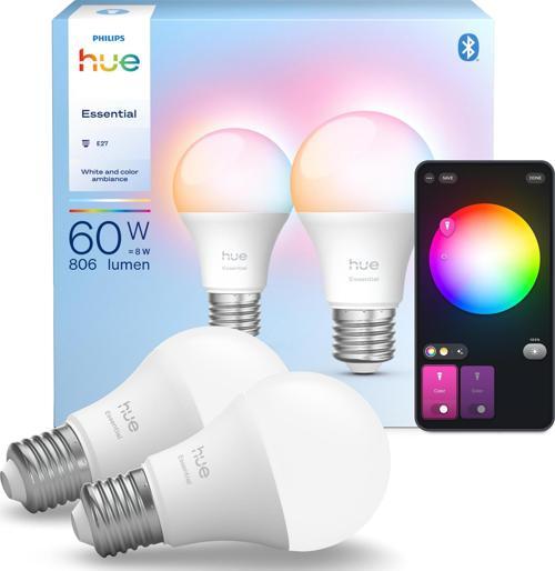 Hue Essential 8W E27 806 Lumen Renkli Akıllı Ampul A60 (2'li Ekopaket) 929004235402