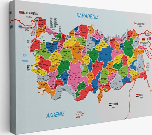 Türkiye Haritası Kanvas Tablo İl Ve İlçeli Ayrıntılı Eğitici Komşulu Tablo 3023