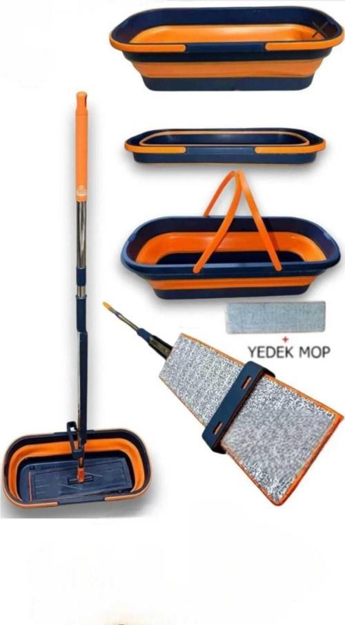 Katlanabilir Ve Tekerlekli Kovalı Mop Seti. Yedek Mop Bezi Hediyeli, Kendinden Sıkmalı Mop Seti.