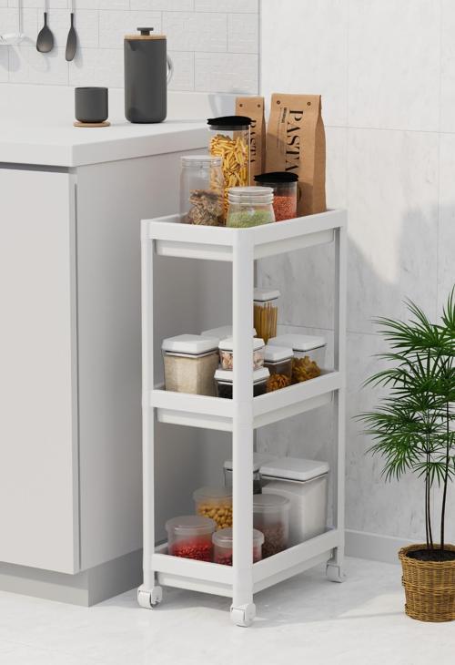 3 Katlı Hazneli Tekerlekli Beyaz Mutfak Banyo Rafı PG MIT1214