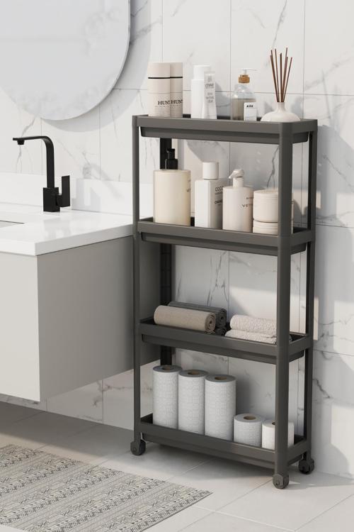 4 Katlı Tekerlekli Slim İnce Siyah Banyo Mutfak Rafı MIT1201
