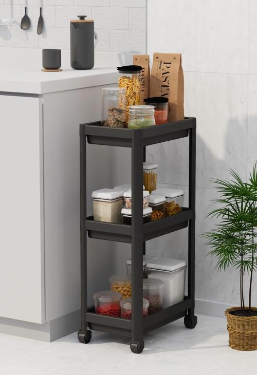 3 Katlı Hazneli Tekerlekli Siyah Mutfak Banyo Rafı PG MIT1215