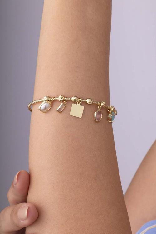 Opal Taşlı Altın Kaplama Kadın Çelik Charm Bileklik