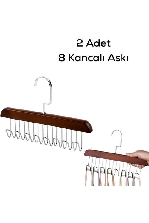 2 Adet 8 Kancalı Kahverengi Ahşap Elbise Eşarp Kravat Kemer Çanta Askısı MIT1220