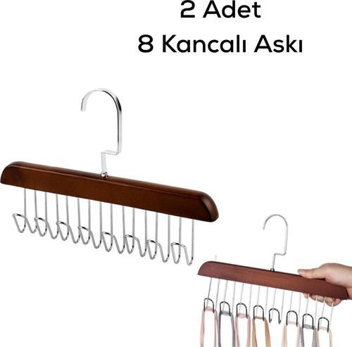 2 Adet 8 Kancalı Kahverengi Ahşap Elbise Eşarp Kravat Kemer Çanta Askısı MIT1220