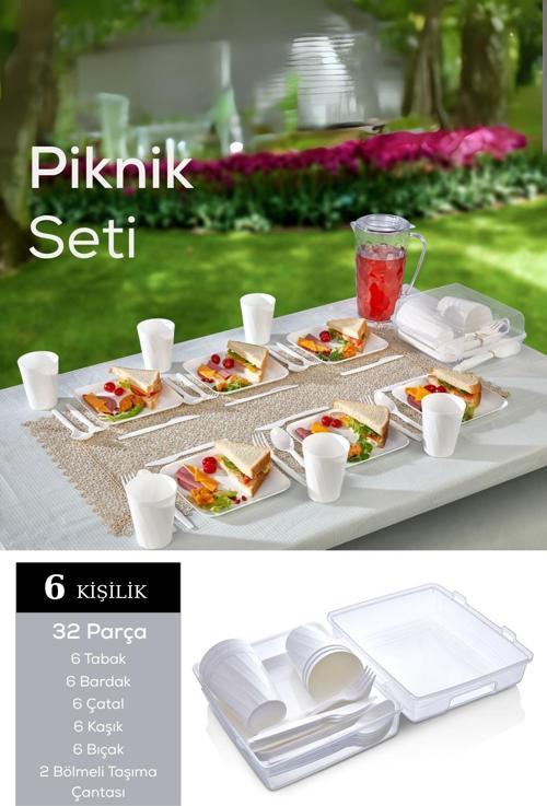 6 Kişilik Çantalı Beyaz Çatal Bıçak Kaşık ve Tabak Piknik Seti MIT1232