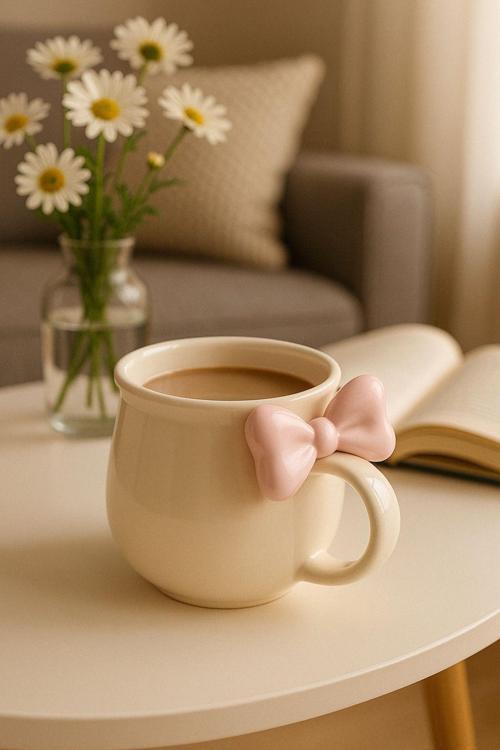 Pembe Fiyonklu 300 ml Beyaz Seramik Kupa Bardak MIT1212