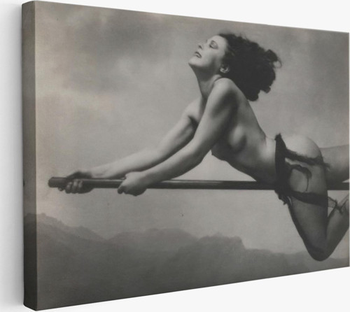 Süpürgeye Binen Çıplak Cadı Tablo, Cadılar Bayramı Gotik Tablo, William Mortensen-5395
