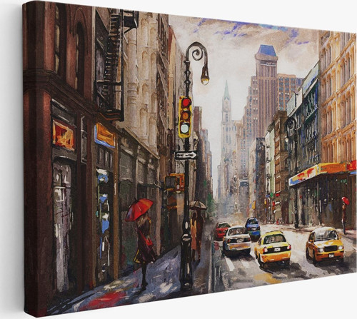 New York Sokakları Ve Sarı Taksi Yağlıboya Görünüm Tablo-3550