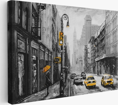 New York Sokakları Ve Sarı Taksi Yağlıboya Görünüm Kanvas Tablo-3552