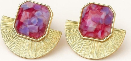 Pembe Mor Taş Detaylı Altın Renkli Modern Küpe