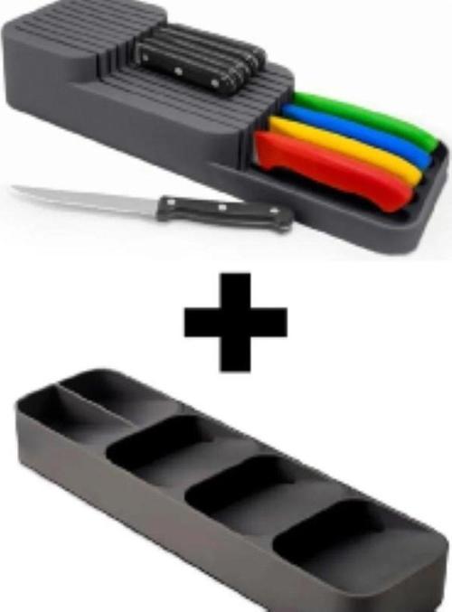 2 Sıra Bıçaklık + 5 Bölmeli Çekmece Içi Kaşıklık 2' Li Düzenleyici Set (Siyah)