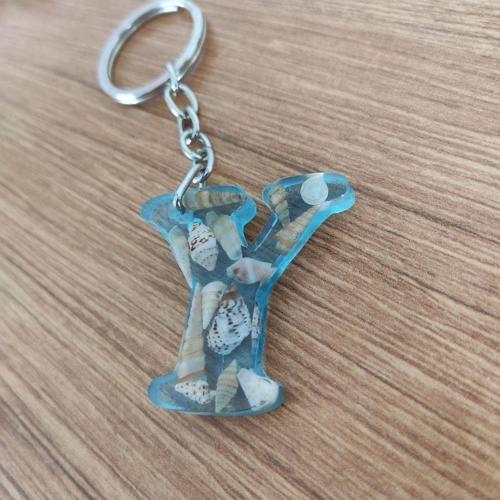 "Y" HARFİ - Açık Mavi Deniz Epoksi Harf Anahtarlık – Gerçek Deniz Kabuğu, El Yapımı, Benzersiz