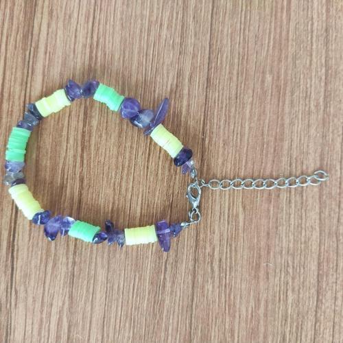 Mor Ametist Taşı & Heishi Boncuklu El Yapımı Bileklik – Doğal Taş Enerjili Takı - 