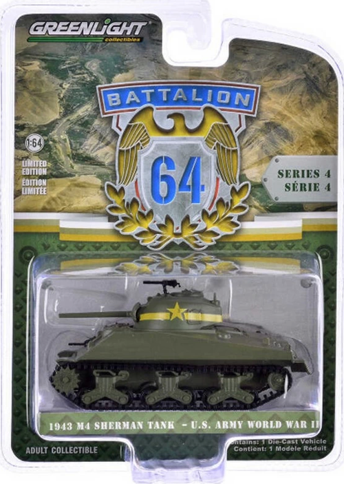 Greenlight 1/64 Battalion 64 Series 4- 1943 M4 Sherman Tank US Army World War II Kız Erkek Çocuk Oyu