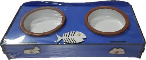 Patte Balıklı Güveç Kaseli Ahşap İkili Mama Standı 36*15*6 Cm MAVİ