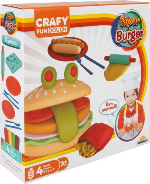 Crafy Süper Burger Oyun Hamuru Seti 200 gr. 12 Parça Kız Erkek Çocuk Oyuncak Eğitici Oyuncaklar