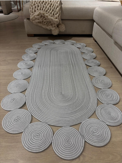 Oval Papatya Hasır Jüt Çiçek Desenli Kilim Halı