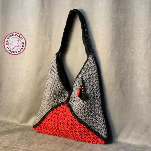 - Emine 9106 El Örgüsü Ahşap Boncuk Detaylı Çanta - Gri - Kırmızı