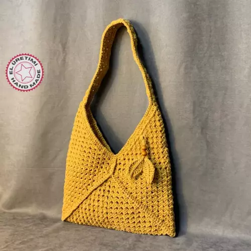 - Emine 9106 El Örgüsü Ahşap Boncuk Detaylı Çanta - Hardal