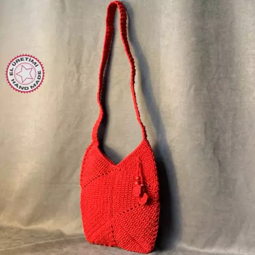 - Emine 9106 El Örgüsü Üçgen Motifli Kadın Çapraz Çanta - Kırmızı