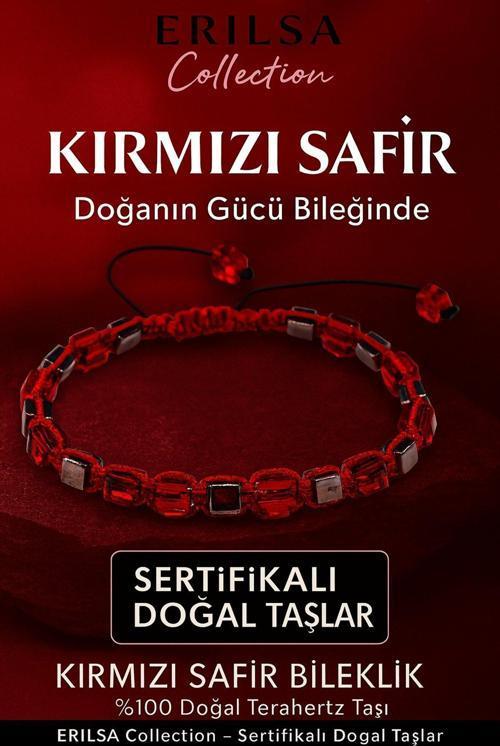 Sertifikalı 8mm Küp Kesim Terahertz - Kırmızı Safir Doğal Taş Bileklik - Kadın Erkek Şık Tasarım