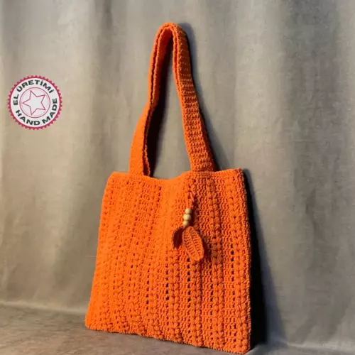 - Emine 9106 El Örgüsü Yaprak Motifli Kol Çantası - Turuncu