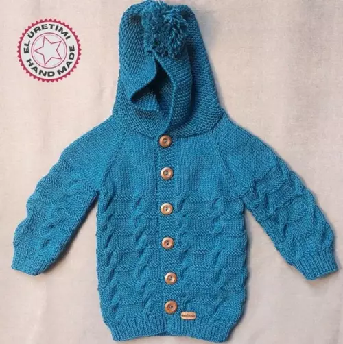 - Talia 8659 7872 El Örgüsü Mavi Kapüşonlu Erkek Çocuk Hırka - 2 / 3 Yaş
