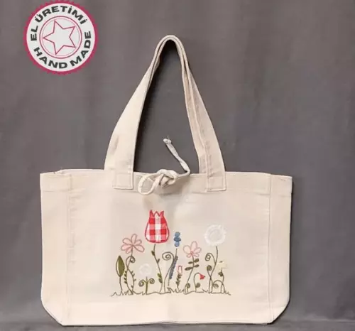 - Ülkü 1188 5174 El Yapımı Nakış İşlemeli Krem Kanvas Keten Çanta - Lale