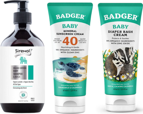 Organik Bebek Güneş Kremi, Pişik Kremi ve Sirenol Organik Bebek Saç Vücut Şampuanı Set 400 mL / 87 mL / 87 mL