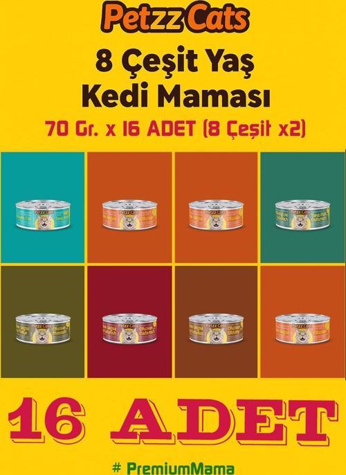 Premium PettzCat Kedi Konserve Yaş Mama 70 Gr. 8 Çeşit (8x2 adet) Her Çeşitten 2 Adet, Toplam 16 Kutu