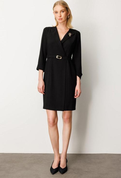 Kadın Yakası Broşlu Beli Kuşaklı Midi Elbise 4013 Siyah