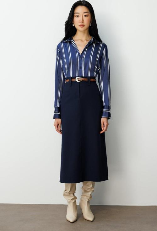 Kadın Beli Kemerli Midi Etek 2015 Lacivert