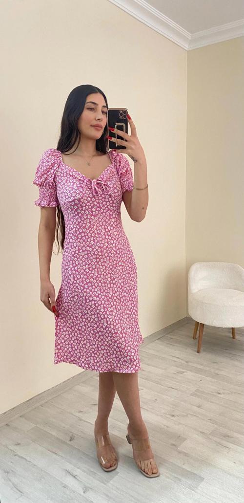 Kolu Gipeli Bürümcük Elbise Pembe Renk