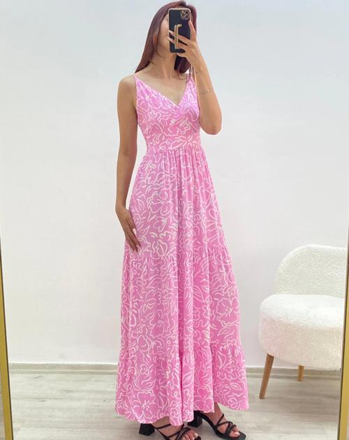 Askılı Belmando Desenli İp Askılı Elbise Pembe