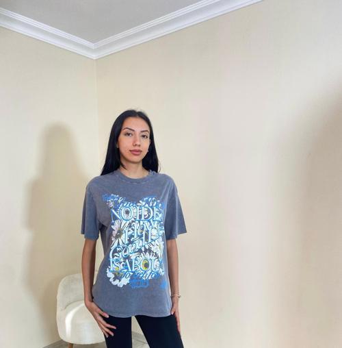 Yıkamalı Baskılı Oversize Tişört