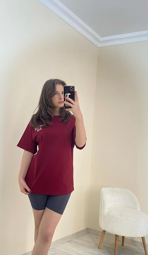 Baskılı Oversize Tişört Bordo