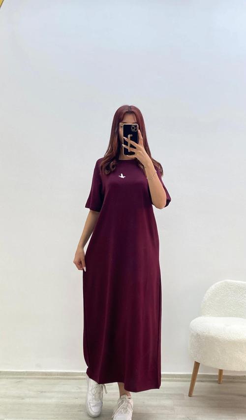 Kuş Baskılı Elbise Bordo