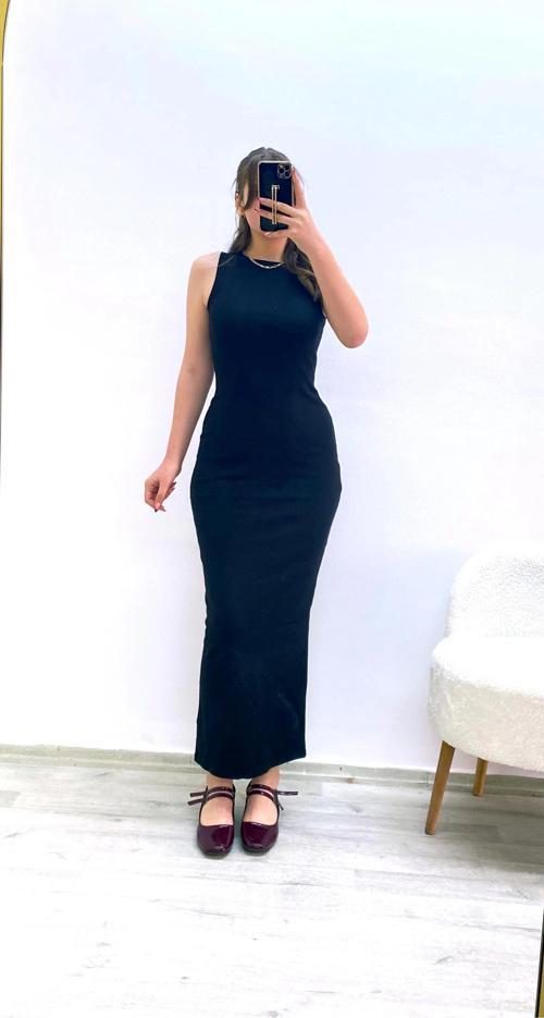 Kaşkorse Kumaş Maxi Boy Elbise Siyah
