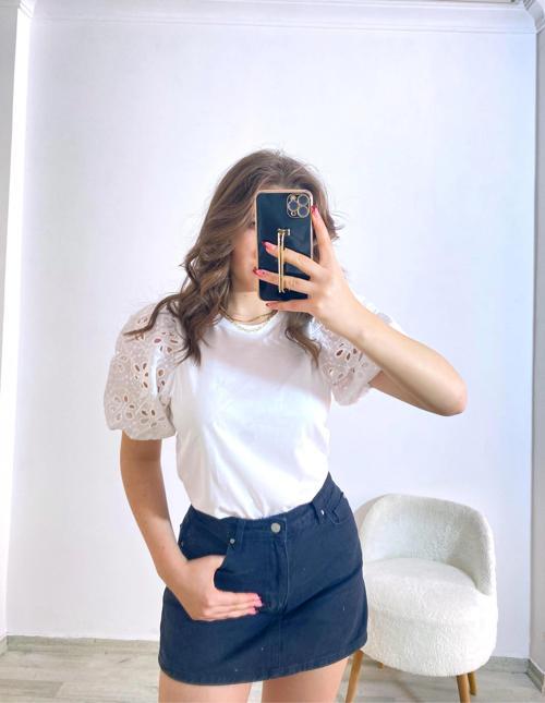 Örme Dantel Kol Tişört Beyaz