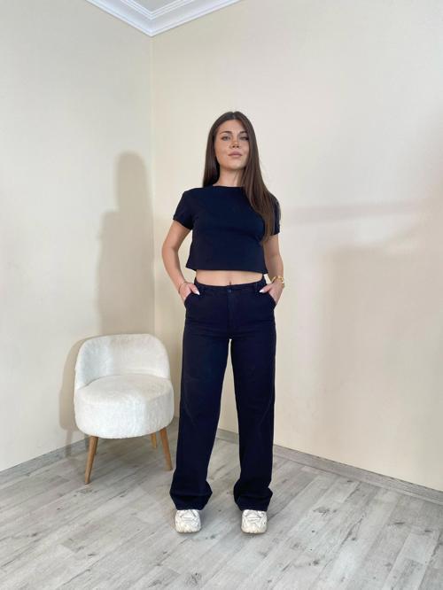 Yüksek Bel Düz Paça Gabardin Pantolon Siyah