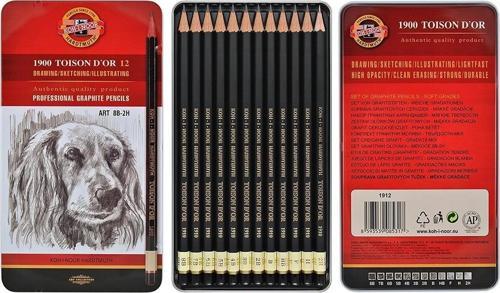 Koh-i-Noor Toison D'or Profesyonel Dereceli Kalem Seti (Karakalem Eskiz Çizim Seti) 8B-2H Metal Kutu