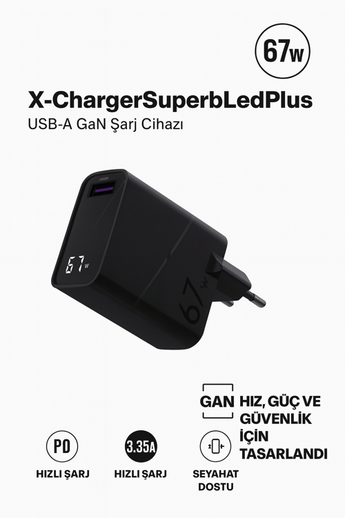 zGaN Teknolojili 67W USB-A Hızlı Şarj Başlığı – Güvenli ve Dayanıklı Led Göstergeli Adaptör