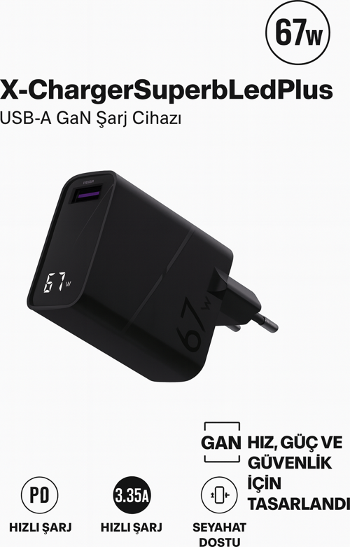 zGaN Teknolojili 67W USB-A Hızlı Şarj Başlığı – Güvenli ve Dayanıklı Led Göstergeli Adaptör