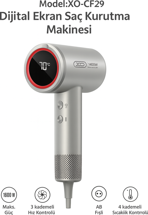 CF29 Dijital Ekranlı Saç Kurutma Makinesi – 1450W, 3 Kademeli Hız & 4 Kademeli Sıcaklık Kontrolü