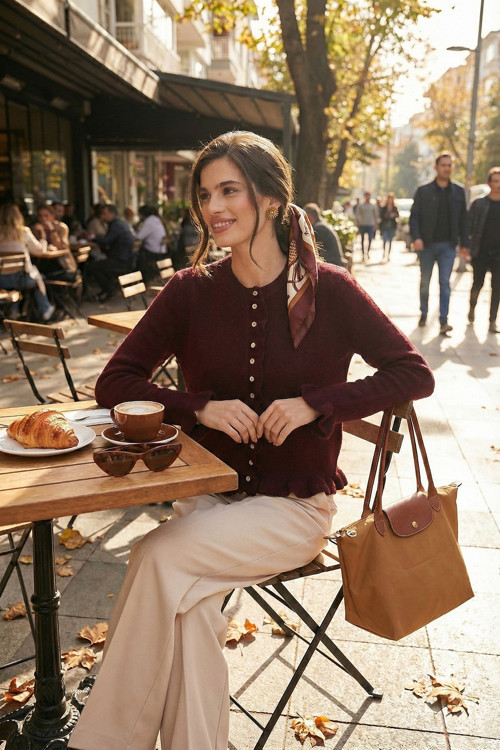Premium Pile Detaylı Regular Fit Yuvarlak Yaka Triko Bayan Hırka 680HI00038 BORDO
