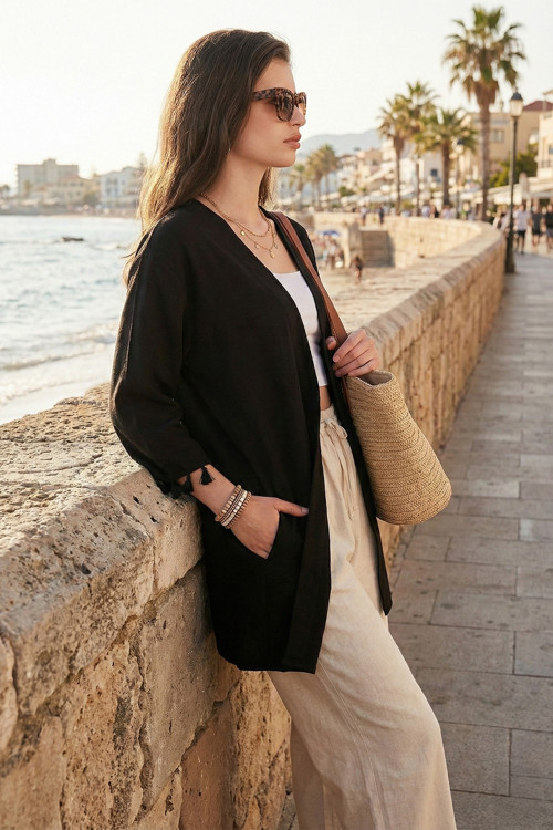 Pamuk ve Keten Karışımlı Püskül Detaylı Regular Fit Uzun Kimono Bayan Hırka 5869015 SİYAH