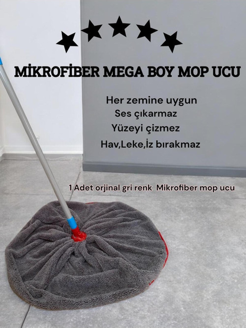 ( 1 Adet ) Gri Renk Mikrofiber Mega Boy Paspas - Mop Yedek Ucu Arkası Destekli
